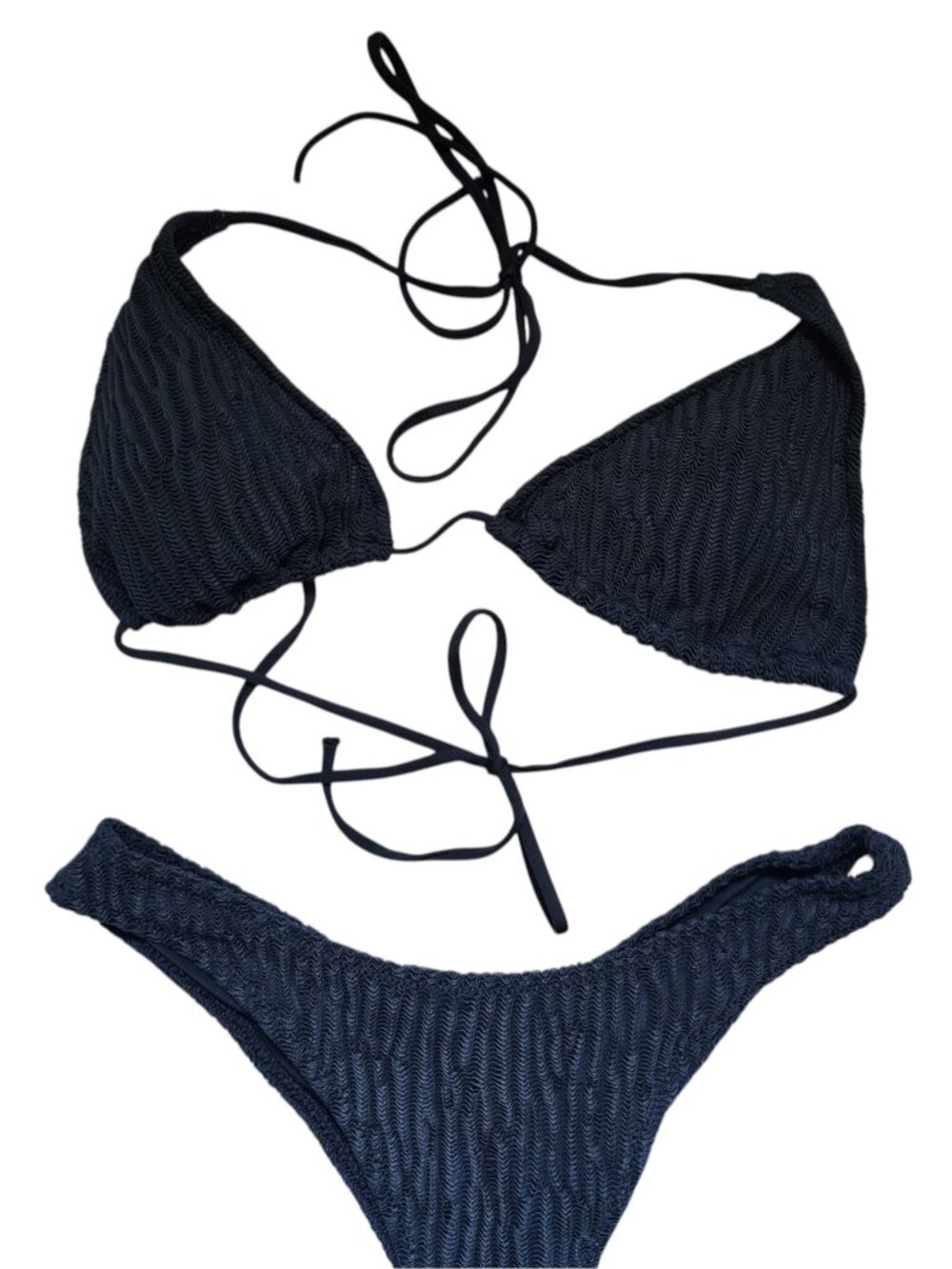 Navy Blue Crinkle Bikini Set Women's Size Small Textured Triangle Two Piece Swim